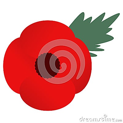 Red poppy and green leaf. Memory symbol Vector Illustration