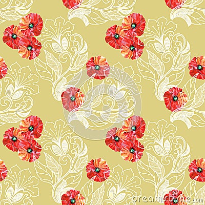 Red poppy, white floral decorations, watercolor, pattern seamless Stock Photo