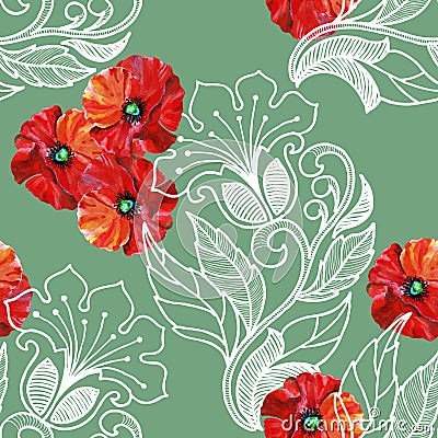Red poppy, white floral decorations, watercolor, pattern seamless Stock Photo