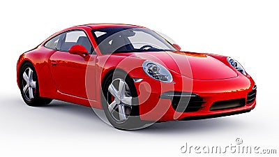 Red Porsche 911 three-dimensional raster illustration on a white background. 3d rendering. Cartoon Illustration