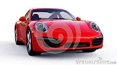 Red Porsche 911 three-dimensional raster illustration on a white background. 3d rendering. Cartoon Illustration