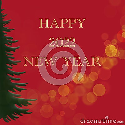 Red postcard banner with the new 2022 year with gold letters. Christmas tree. Place for the text Cartoon Illustration