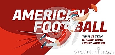 red poster of an American football player. Printed advertising of sports games. Cartoon Illustration