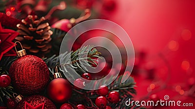 A red poster with a christmas ornaments and a red background, a christmas card with red background Stock Photo