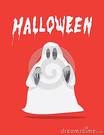 Red poster of white sheet ghost on Halloween flat vector. Vector Illustration