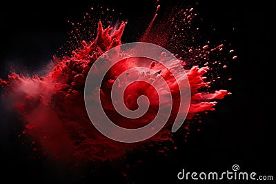 .Red Powder Explosion Abstract Against Dark Background Stock Photo