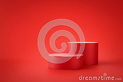 Red product background stand or podium pedestal on advertising display with blank backdrops. 3D rendering Stock Photo