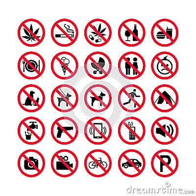 Red prohibition icons set. Prohibition signs. Forbidden sign icons. Vector Illustration