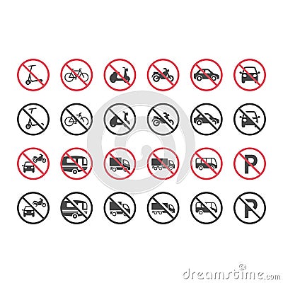 Red prohibition motor vehicles sign set Vector Illustration