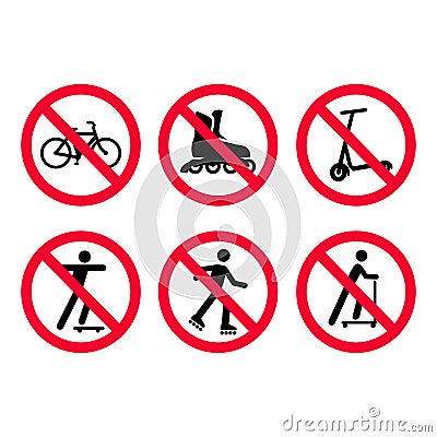 No bicycles, biking, no roller skating, no scooters prohibition signs set. Stock Photo