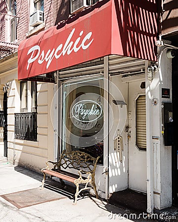 Red psychic sign in the East Village, Manhattan, New York City Editorial Stock Photo