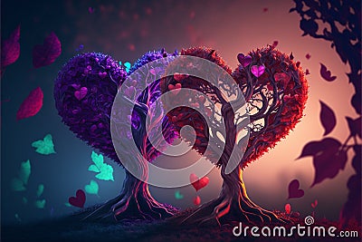 Red and purple surreal trees with hearts Stock Photo