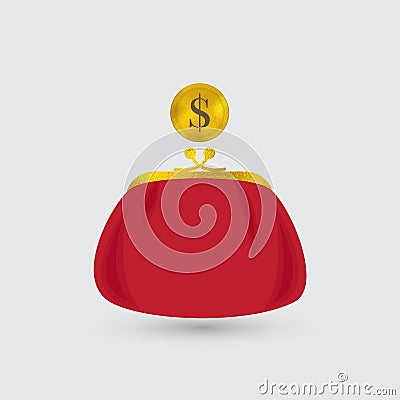 Red Purse and the Coin Isolated on Light Gray Background Stock Photo