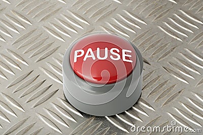 Red Push Button Labeled `Pause` on Aluminum Diamond Plate Backgr Stock Photo