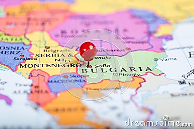 Red push pin on map of Bulgaria Stock Photo