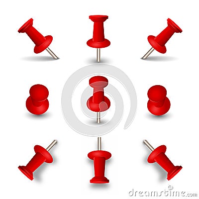 Red push pins isolated on white background. Office thumbtacks or pushpins vector Vector Illustration