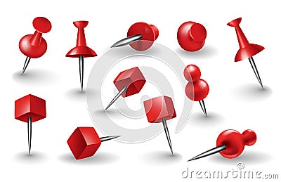 Red pushpin set in different forms and various angles view with shadow isolated on white. Thumbtack for note attach Vector Illustration