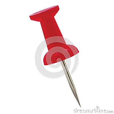 Red pushpin thumbtack drawing pin, isolated push fastening, position indicating concept, large detailed macro closeup Stock Photo