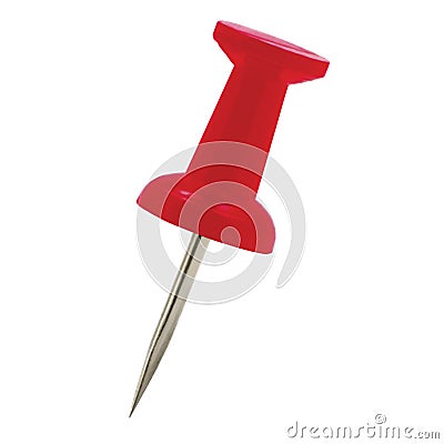 Red pushpin thumbtack drawing pin, isolated push fastening, position indicating concept, large detailed macro closeup Stock Photo