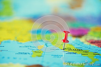 Red pushpin, thumbtack, pin showing the location, travel destination point on map. Copy space, lifestyle concept Stock Photo