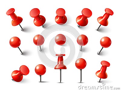 Red pushpin top view. Thumbtack for note attach collection. Realistic 3d push pins pinned in different angles vector set Vector Illustration