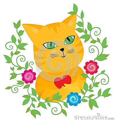 Red pussycat with a heart in floral frame Vector Illustration