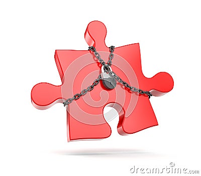 Red puzzle entangled chains and closed on padlock Cartoon Illustration