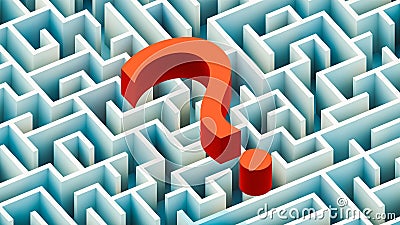 Red question mark over a blue rectangular maze or labyrinth 3D rendering illustration. Riddle, question, learning, imagination, Cartoon Illustration