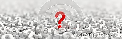 Red question mark stands out amid many white question marks. Concept of FAQ, resolving uncertainties. 3D illustration solution Cartoon Illustration
