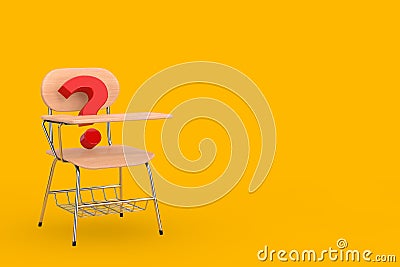 Red Question Mark and Wooden Lecture School or College Desk Table with Chair. 3d Rendering Stock Photo