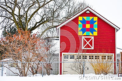 Red Quilt Barn Garage - Yellow, Blue, Red Editorial Stock Photo