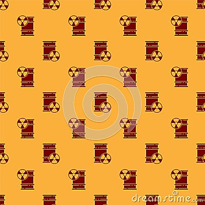 Red Radioactive waste in barrel icon isolated seamless pattern on brown background. Toxic refuse keg. Radioactive Vector Illustration