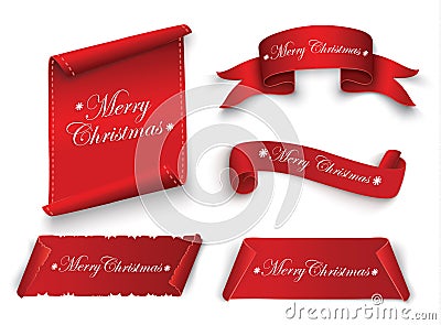 Red realistic detailed curved paper Merry Christmas banner isolated on white background. Vector illustration. Vector Illustration