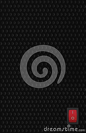 Red rectangle rocker power switch in on position, black abstract dot texture frame pattern, natural blank empty copy space Stock Photo