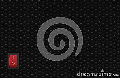 Red rectangle rocker power switch in on position, black abstract dot texture frame pattern, natural blank empty copy space Stock Photo