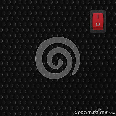 Red rectangle rocker power switch in on position, black abstract dot texture frame pattern, natural blank empty copy space Stock Photo