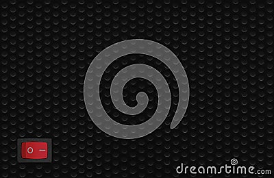 Red rectangle rocker power switch in on position, black abstract dot texture frame pattern, natural blank empty copy space Stock Photo