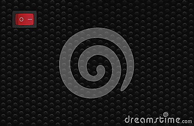 Red rectangle rocker power switch in on position, black abstract dot texture frame pattern, natural blank empty copy space Stock Photo