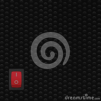 Red rectangle rocker power switch in on position, black abstract dot texture frame vertical pattern, natural blank empty copy Stock Photo
