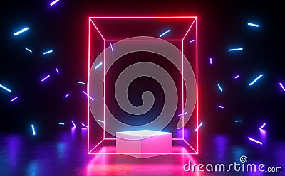 Red Rectangle Spectrum Neon Light Glow Showcase With Blank Podium And Ribbon Background 3d Render Stock Photo