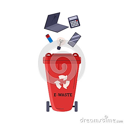 Red recycle garbage for e-waste and devices, flat vector illustration isolated. Vector Illustration