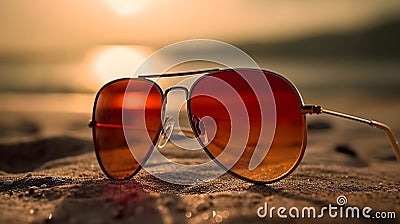 Red reflective lens man or woman aviator style fashionable attractive elegance sun glasses at the beach, lost and found concept, Stock Photo