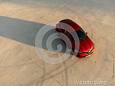 Red Renault Clio 5: Aerial View with Sunset Drift Marks Editorial Stock Photo