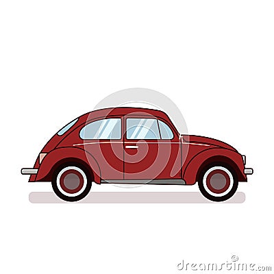 Red retro beetle car isolated on white background. Flat vector illustration. For gritting card, congratulation, banner Vector Illustration