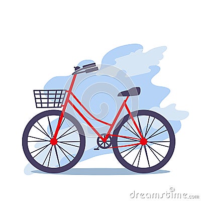 Red retro bicycle. Flat illustration of bicycle with bascet for shopping against cloud sky background. Vector Illustration