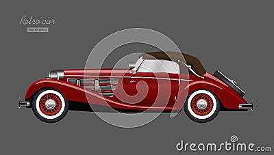 Red retro car on gray background. Vintage cabriolet in realistic style. Side view. 3d vehicle. Detailed image Vector Illustration
