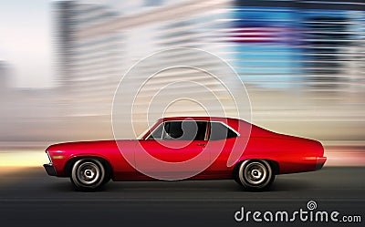 Red retro car moving Stock Photo