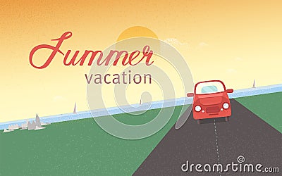 Red retro car riding along road against sea with sail yachts and sunset sky on background. Summer vacation and holidays Vector Illustration