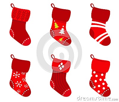 Red retro Christmas Socks collection. Vector Illustration