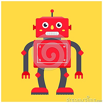 Red retro robot on a yellow background. Vector Illustration